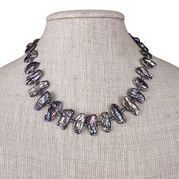 Vintage Freshwater Iridescent Black Pearl Necklace Silver Tone Spacer Beads Magn - Picture 1 of 4